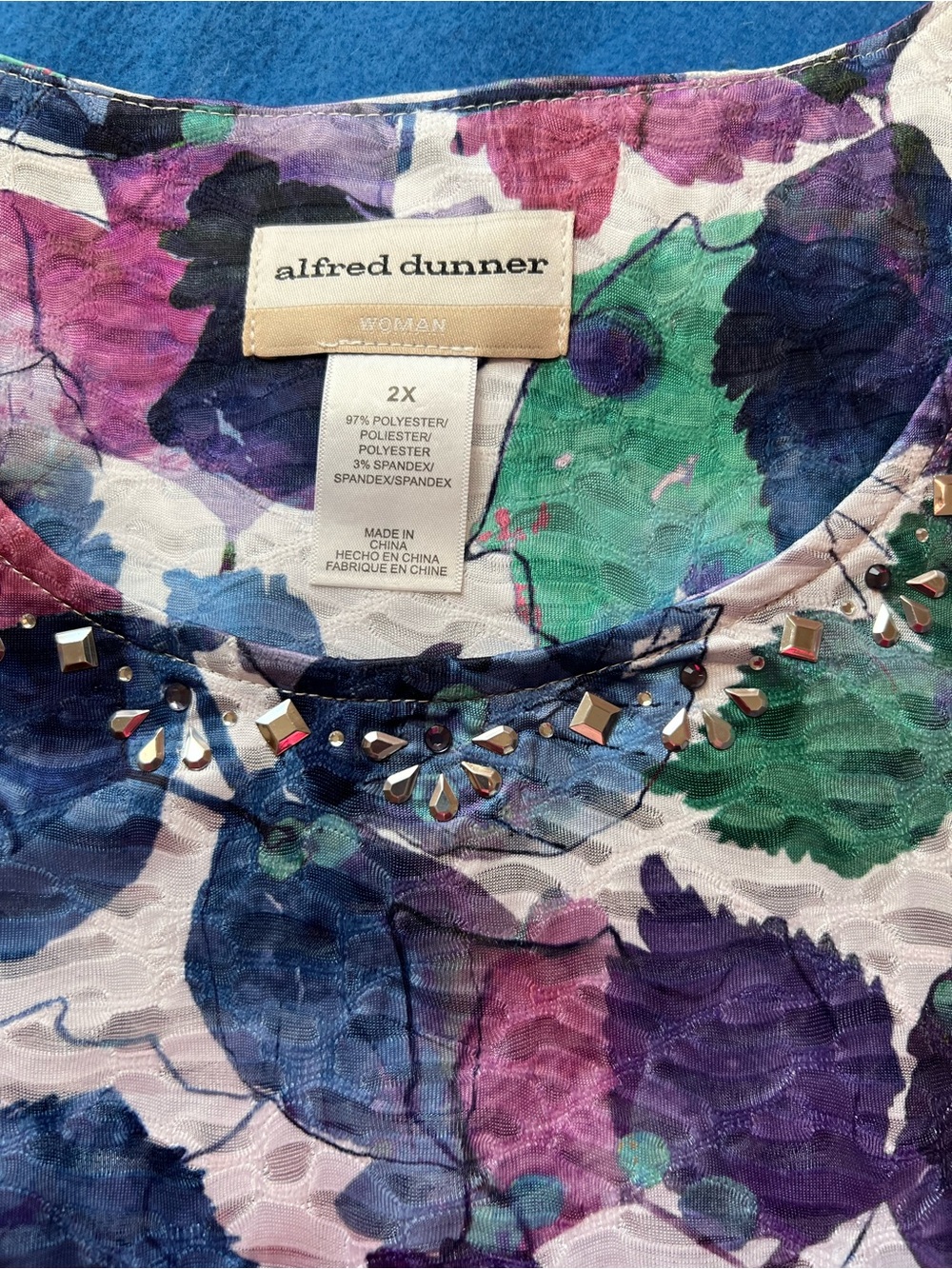 Alfred Dunner Floral Ombre Top in Blue, Purple & Green with Embellished Neckline